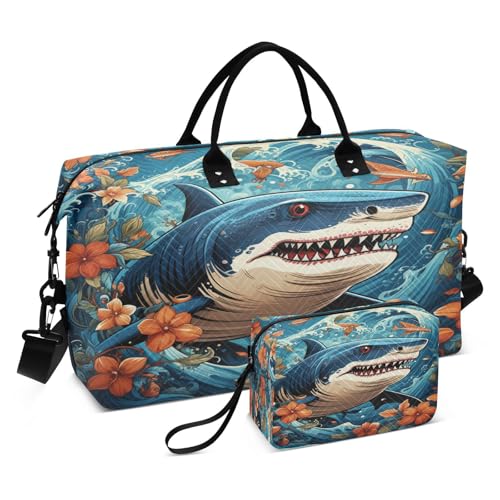 Coo Floral Shark Sports Swim Gym Bag Weekender Duffel Travel Bags Handbag with Makeup Storage Bag for Girls Men