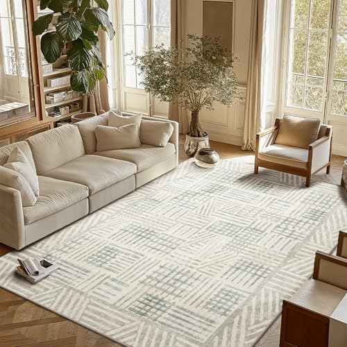 Image of Area Rug 6x9 Abstract Geometric Textured Brushstroke - Neutral Gray & Light Blue Modern Minimalist Area Rug, Decorative Carpet for Living Room Bedroom Home Decor