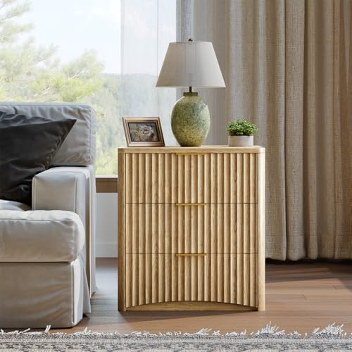 Image of Evermagin Fluted Nightstand, Natural Oak Bedside Table with 3 Drawers, Wood End Table with Storage Mid Century Modern, Large Night Stand for Bedroom