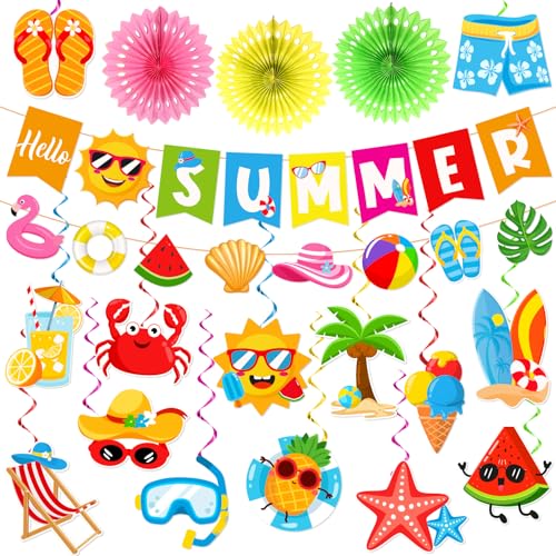 Summer Decorations Beach Party Decorations includes Hello Summer Banner Beach Garland Hanging Swirls and Paper fans for Hawaiian Luau Pool Vacation Summer Office Classroom Decorations