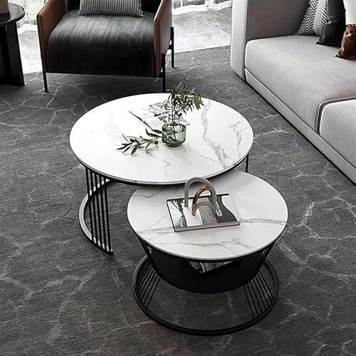 Image of Iron Frame Handmade Round Coffee Table /Nesting Table /Side Table /Center Table with Engineered Wood Top for Living Room /Drawing Room /Balcony (Set of 2 White & Black)