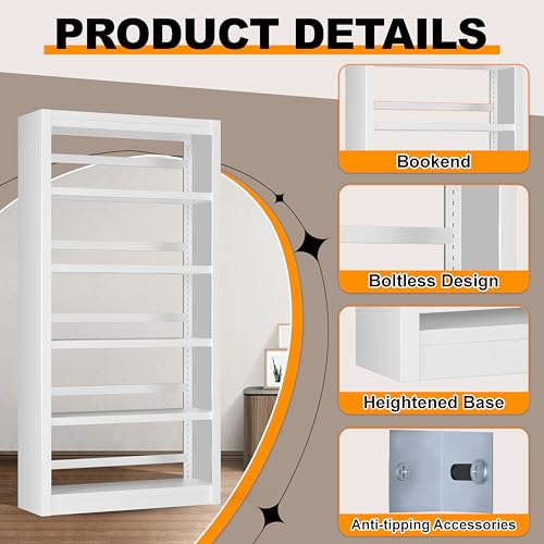 Image of 5 Tier Metal Bookshelf, 69 inch Tall Heavy Duty Bookcase with Adjustable Shelves, Industrial Display Storage Shelves for Home Office, Living Room, Study, White