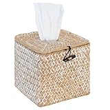 PINXIURY Segrass Woven Tissue Box Cover, Boho Tissue Holder with Lid, Farmhouse Napkin Holder for Toilet Bathroom Living Room Kitchen Bedroom Office Table Desk Car, Whitewash 5.9" L x 5.7" W x 5.7" H