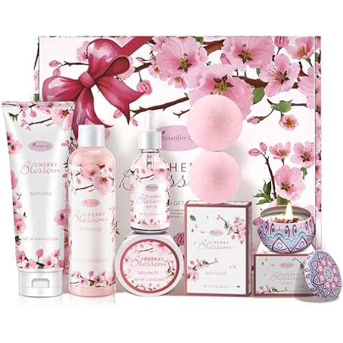 Beautifier Life Bath and Body Gift Set for Women - Luxurious Home Spa Gift Set,Japanese Cherry Blossom 7-Piece Set Including Shower Gel,Body Lotion,Bath Oil,Bath Salt,Soap,Bath Bombs and Candle
