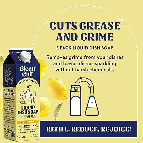 Cleancult Dish Soap Liquid Refills (32Oz, 3 Pack) - Dish Soap That Cuts Grease & Grime - Free Of Harsh Chemicals - Paper Based Eco Refill, Uses 90% Less Plastic - Lemongrass #TOP2