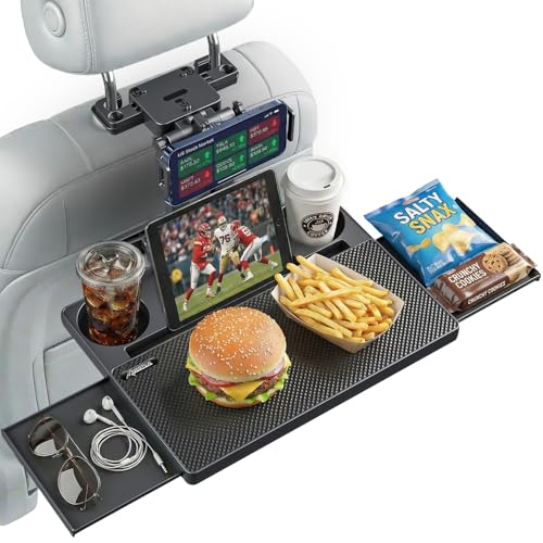 Car Back Seat Tray Table Stable Foldable Auto Backseat Food Trays Desk for Rear Passenger Road Trip Eating & Work Multifunctional Adjustable Travel Tray with Phone Drink Holder for Laptop iPad