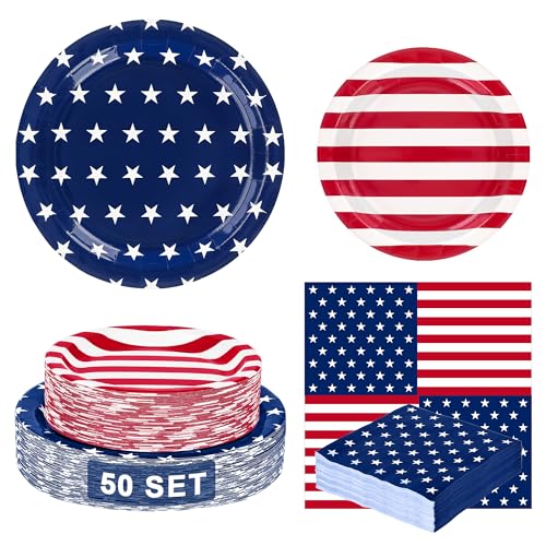 QZYL 150 PCS 4th of July Plates and Napkins, Disposable Fourth of July Decorations, Red White Blue Patriotic Plate and Napkin, Patriotic Decor USA Decorations for Party Dinner