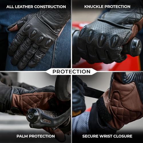 Image of ViaTerra Fuel Retro Classic Leather Motorcycle Gloves: Premium Riding Gloves for Bikers, Perfect Winter Gloves for Men and Essential Bike Accessories (Brwon, XL)