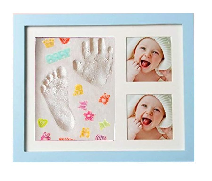 Baby Handprint and Footprint Makers Kit Keepsake Frame for Newborn Boys & Girls Baby Girl Gifts & Baby Boy Gifts New Mom Baby Shower Gifts (Blue/White Decor)