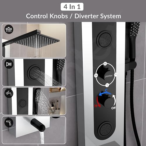 Image of Plantex Shower Panel for Bathroom /Hand Shower & Massage Spray Jet for Bathroom /304 Grade Stainless Steel Modern Shower System with Head Shower - Pack of 1 (Chrome & Black, 8097)