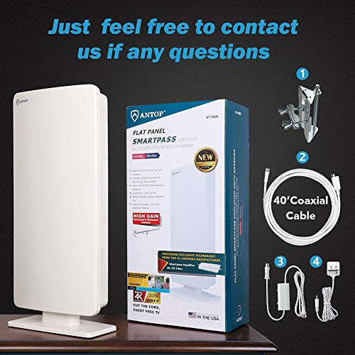 ANTOP ANTENNA “Big Boy” AT-400B Flat Panel HDTV Antenna with Smartpass Amplified Outdoor/Indoor,80 Miles Range Support 4K 1080p Channels & All Older TV's for Outdoor, Attic,40ft Coax Cable