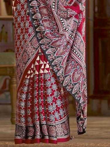 Image of SAREE MALL Women's Ajrkh Print Satin Crepe Polka Dot Printed Saree With Unstitched Blouse Piece