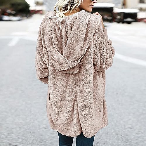 Women Oversized Hooded Sherpa Cardigan Fuzzy Fleece Jacket Winter Open Front Fleece Coat Outwear with Pockets4
