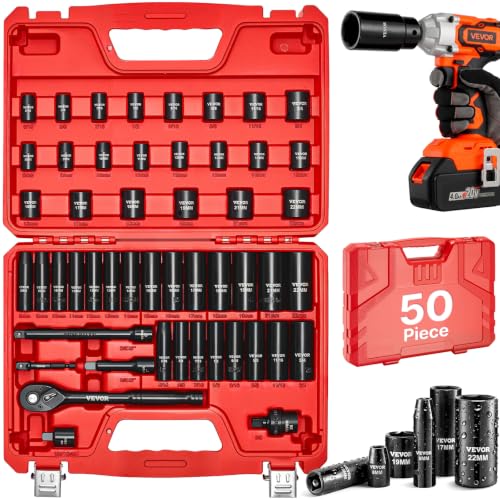 VEVOR 3/8' Drive Impact Socket Set, 50-Piece, Deep & Shallow Kit
