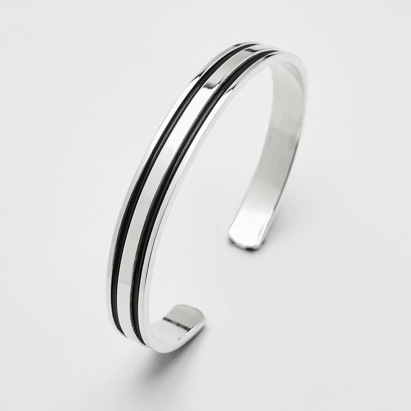 Men's Solid 925 Sterling Silver Bangle, 8mm Doudle Lines Silver Cuff Bangle Bracelet for Men