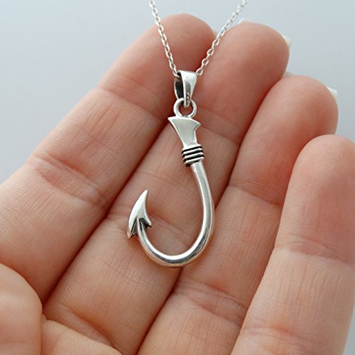 Sterling Silver Hawaiian Fish Hook Pendant Necklace, 18" Chain #TOP1