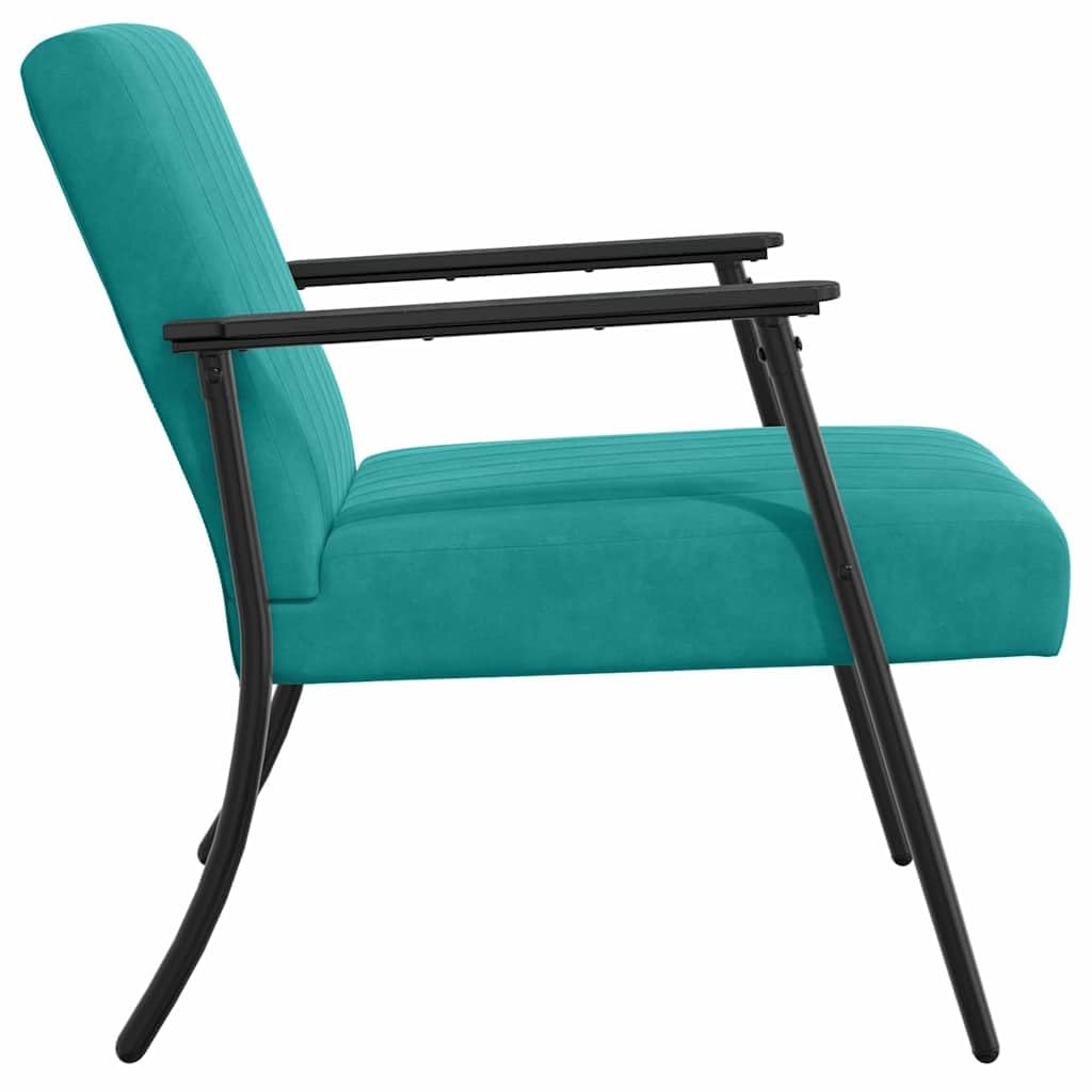 Fotel turkusowy aksamit z ergonomicznym oparciem i podłokietnikami, 59 x 75 x 78 cm, do salonu, sypialni, biura, relaksu, relaksującej pozycji siedzącej i stylowego relaksu