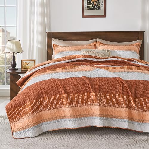 Image of Andency Orange Quilt King(106x96Inch), 3 Pieces (1 Striped Quilt and 2 Pillowcases) Patchwork Striped Bedspread Coverlet Set, Soft Lightweight All Season Quilted Bedding Set