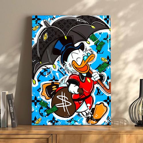 Image of Luxury Cartoon Duck Pop Art Canvas Wall Art Painting For Living Room | Money & Success Theme Street Art Wall Art Painting | Modern Graffiti Style Artwork for Home & Office, 41x56 cm