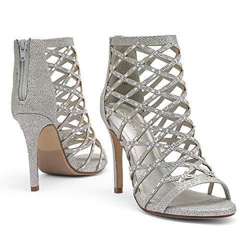 Dream Pairs Women's Silver Rhinestone Ankle Strap Open Toe Stiletto Heel Sandals Cutout Dress Pump Shoes Size 7.5 B(M) Us Paven #TOP4