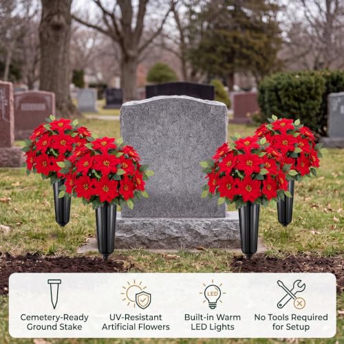 Image of 4 Set Christmas Poinsettia Artificial Cemetery Flower with Vase