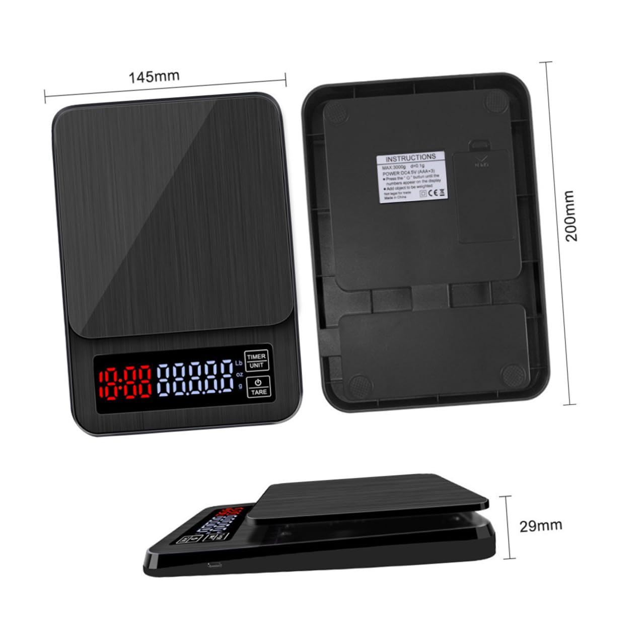 Báscula Digital de Cocina Pantalla LED con Temporizador y Sensores de Precisión, Capacidad 5kg sin Baterías Adecuado para Cocinar y Hornear