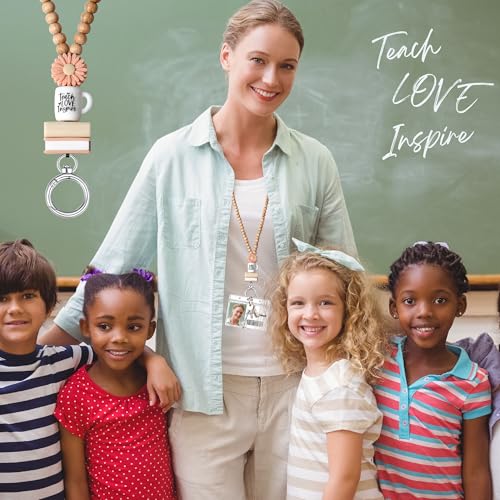 Image of Teacher Lanyard Lanyards for ID Badges Keys Women Wood Silicone Beaded Lanyard with ID Holder Work Jewelry