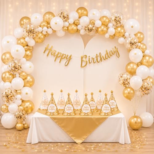Image of Party Propz Golden and White Happy Birthday Decoration Kit - 57 Pcs, Golden Balloons for Birthday with Birthday Cap and Banner, Bday Decor for Boys & Girls, Bday Decor for Husband (Cardstock)
