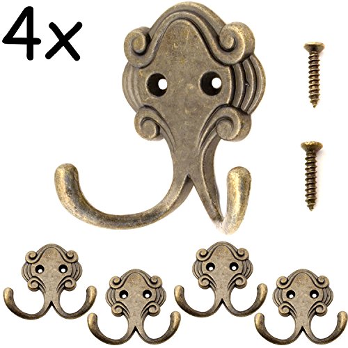 Fuxxer Antik Doppel-Haken, Garderoben-Haken, Handtuch-Haken, 4er Set Messing Bronze
