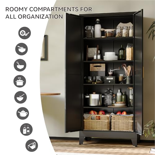 Image of COFaR 71 inch Modern Pantry Cabinet in Black, 5-Tier Storage Cabinet with Adjustable Shelves, Industrial Steel Cupboard for Kitchen, Office & Living Room Organization