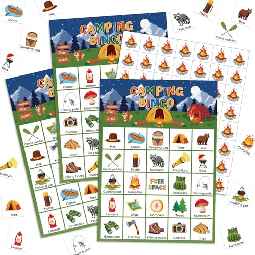 Shappy 35 Pcs Camping Bingo Game Cards with 24 Players Camp Adventure Party Games Forest Jungle Bingo Cards Indoor Outdoor Activity for Family Travel Birthdays Nature Christmas Fall Parties