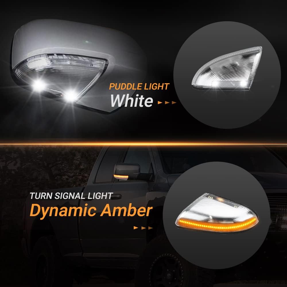 D-Lumina Sequential Switchback LED Side Mirror Turn Signal Puddle Light Compatible with Dodge Ram 1500 2500 3500 Classic, Clear Lens Driver & Passenger Side Assembly Dynamic Amber & White, Pack of 2