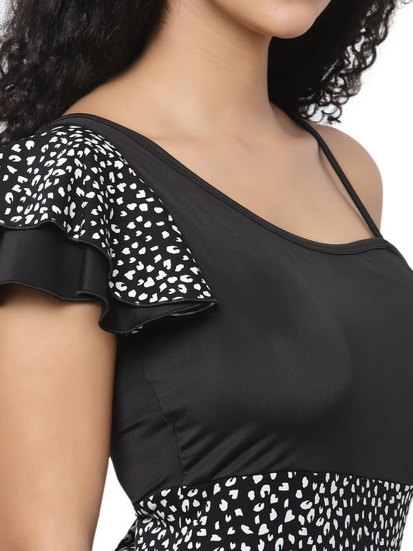 CUKOO Padded Shoulder Frill Black Printed Swimwear 3