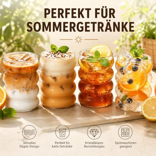 ALINK Gerippte Trinkgläser 4er Set, 530 ml Bubble Gläser mit Glasstrohhalmen, Wave Glas Becher für Eiskaffee, Cocktails, Saft… – Ansicht 6