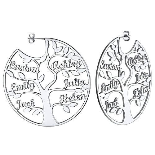 Custom4U Name Hoop Earrings Personalized Custom Tree of Life 1-8 Nameplate Big Drop Earrings Gold Plated/Black/Stainless Steel Customized Memorial Jewelry Gifts for Women Mother Grandma (Gif