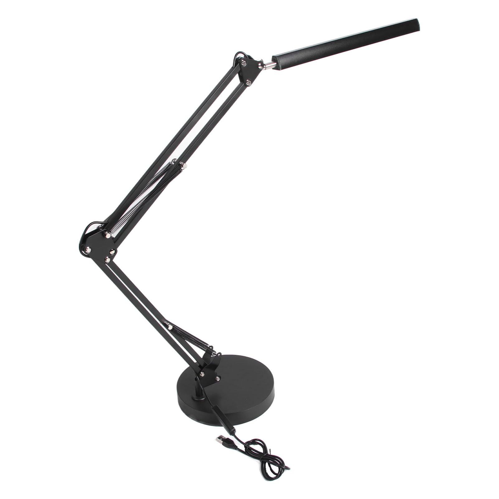 Lámpara de escritorio con brazo oscilante, lámpara de mesa LED con múltiples articulaciones, plegable, USB, para el cuidado de los ojos, con base redonda (Negra)