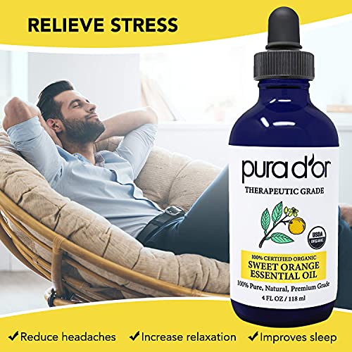 Pura D'or Organic Sweet Orange Essential Oil (4Oz With Glass Dropper) 100% Pure & Natural Therapeutic Grade For Hair, Body, Skin, Scalp, Aromatherapy Diffuser, Energy, Mood, Vitality, Cleansing, Home #TOP2