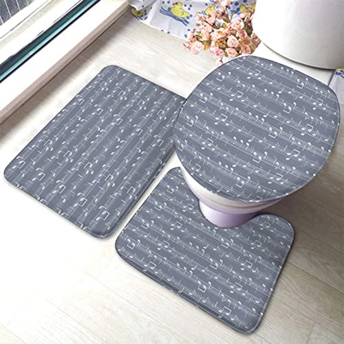 3-teiliges Badezimmerteppich-Set, nahtloses Musikmuster mit Stab und Noten, waschbare Badteppiche, rutschfest, mit Rückenpolster, Konturteppich und Toilettendeckelbezug