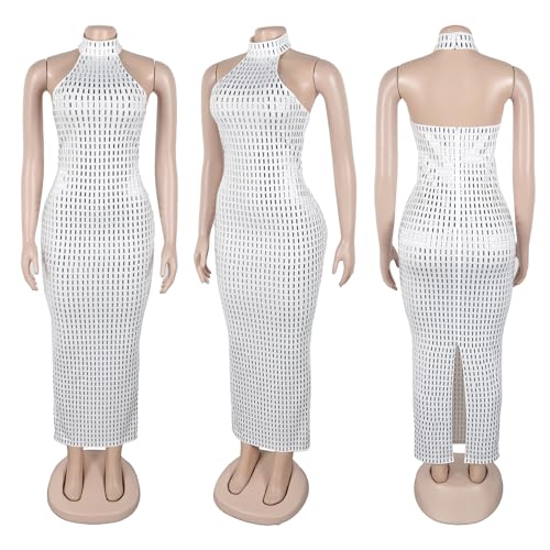 Image of Jigfar Women Sexy Elegant Rhinestone Halter Party Night Bodycon Formal Maxi Dress(FK3521,White,L)
