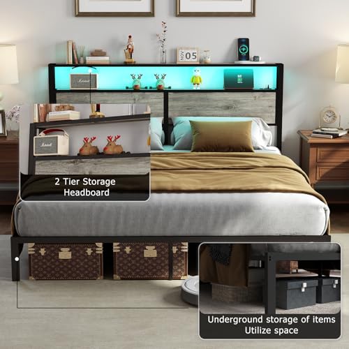 Image of King Size Bed Frame with Headboard, Metal Platform Bed Frame with LED Lights & Charging Station, Under Bed Storage, Solid and Stable, No Box Spring Needed, Noise Free, Easy Assembly, Rustic Grey