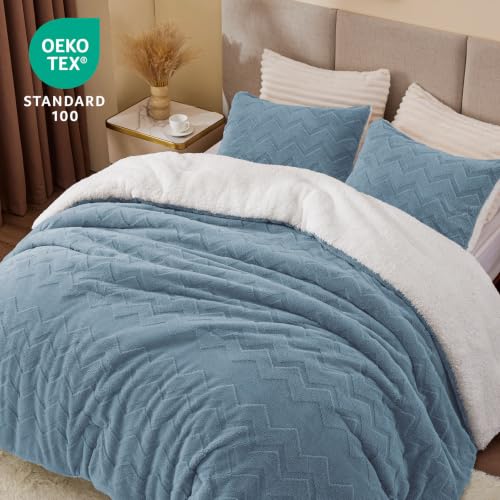 Image of BEDELITE Fluffy Sherpa Queen Comforter Set,Blue Fog