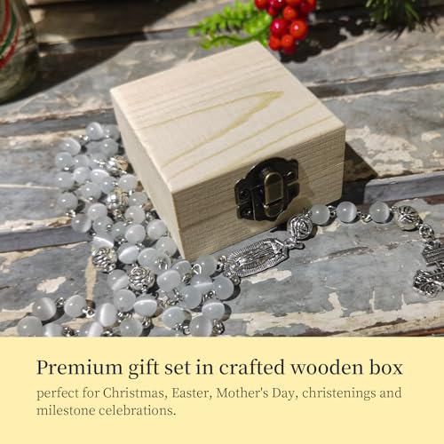 rosary beads catholic for women and men, 8mm White Cat's Eye rosary beads with Ornate Silver Crucifix and Virgin Mary Medal4