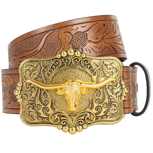 Image of UTOWO Rodeo Western-Longhorn-Bull Cowboy-Belt for Women-Men Bull-Floral-Embossed PU-Leather Cowgirl Waist Belt for Jeans
