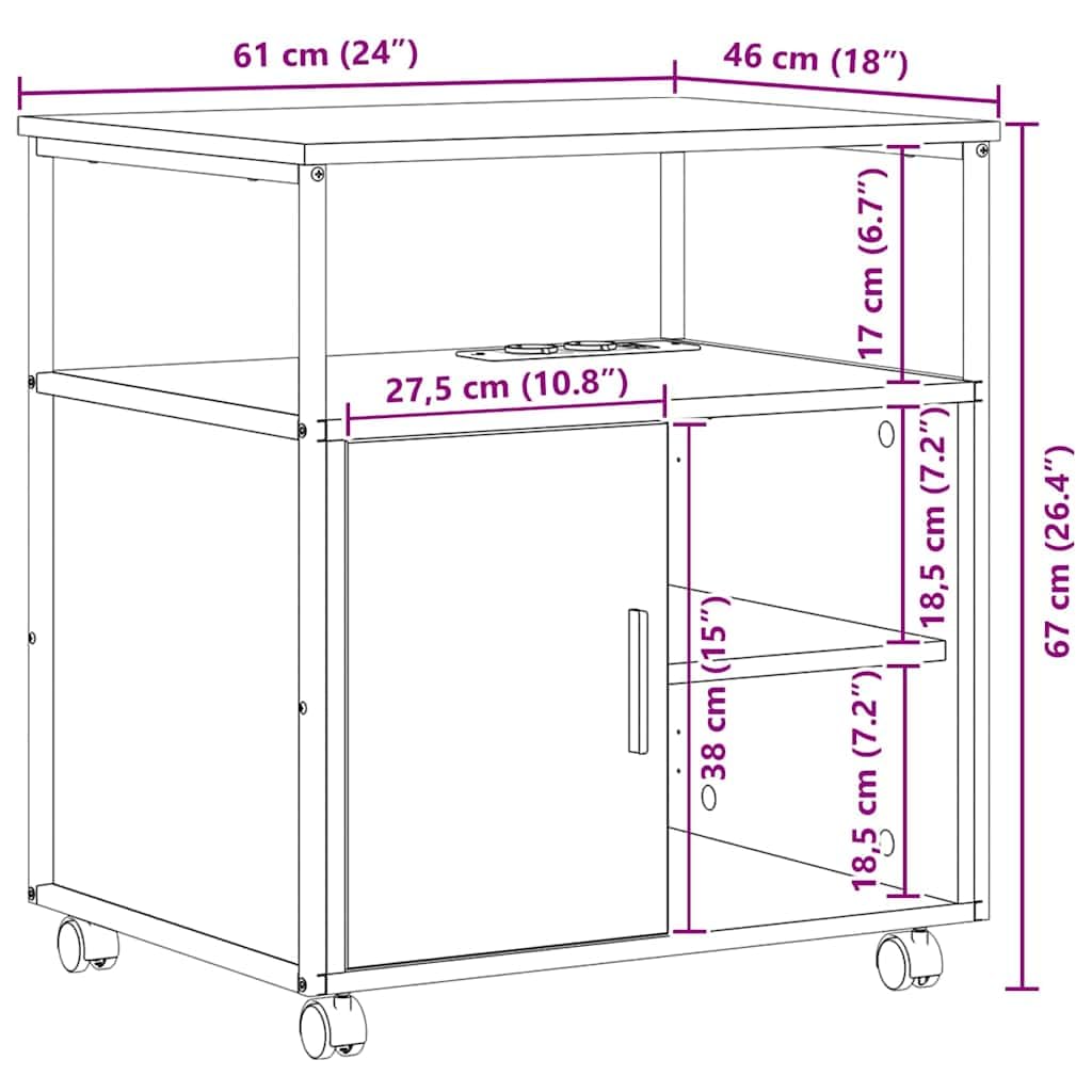Armadio con stazione di ricarica, effetto rovere nero, armadietto portaoggetti con ruote, 3 ripiani, 4 scomparti, in legno, 61 x 46 x 67 cm, per ufficio, casa e mensola