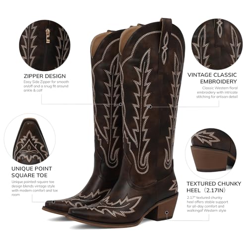 Image of mikarka Western Cowboy Boots for Women Cowgirl Knee High Boots Pointed Toe Chunky Heel Faux Leather & Suede Vintage Classic Tall Boots