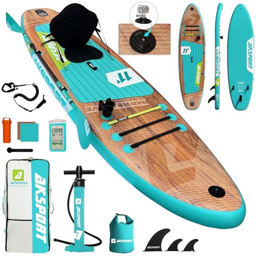 AKSPORT 11' x 34'' x 6'' Inflatable Stand Up Paddle Board SUP with Full Accessories,Wide Stable Design, Non-Slip Deck- 2-in-1 Convertible SUP/Kayak for Paddling/Fishing