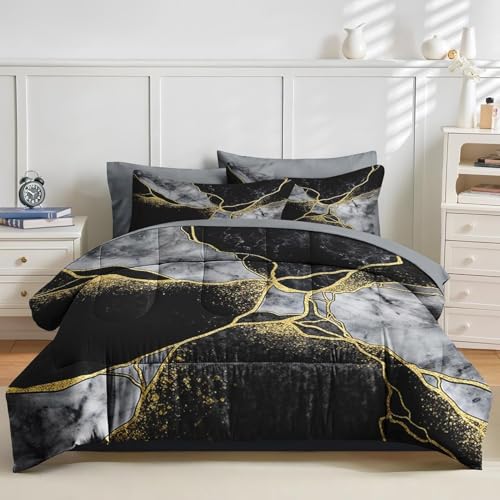 Édredon chaud 240x260 marbré noir et gris microfibre douce - 3