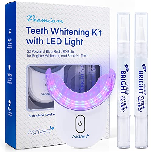 AsaVea Teeth Whitening Kit with LED Light - Strength Whitening Gel with 32X Powerful Blue-Red Rechargeable LED, Effective for Sensitive and Stained Teeth, Comfortable and Accelerated Teeth Whitening