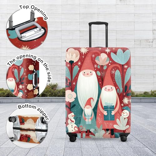 Image of Gnome Luggage Cover - Red Background with Santa's Helpers, Trees and Snowmen, Elastic Holiday Travel Case for 28 30 Inch Bag