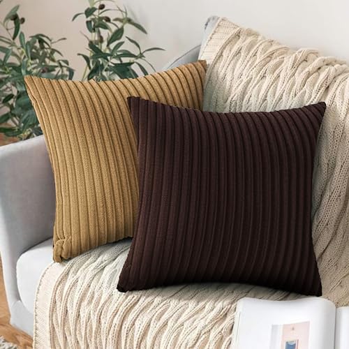 Image of Yellow Weaves Pencil-Stripe Fur Cushion Covers | Soft Polyester | Decorative Sofa & Throw Pillow Covers | 16x16 Inches, Pack of 2 (Coffee & Golden Brown)
